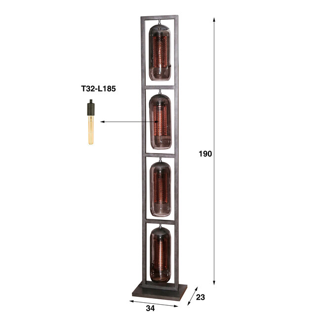 WoonStijl Vloerlamp 4L tower smoke glas-geperforeerd staal
