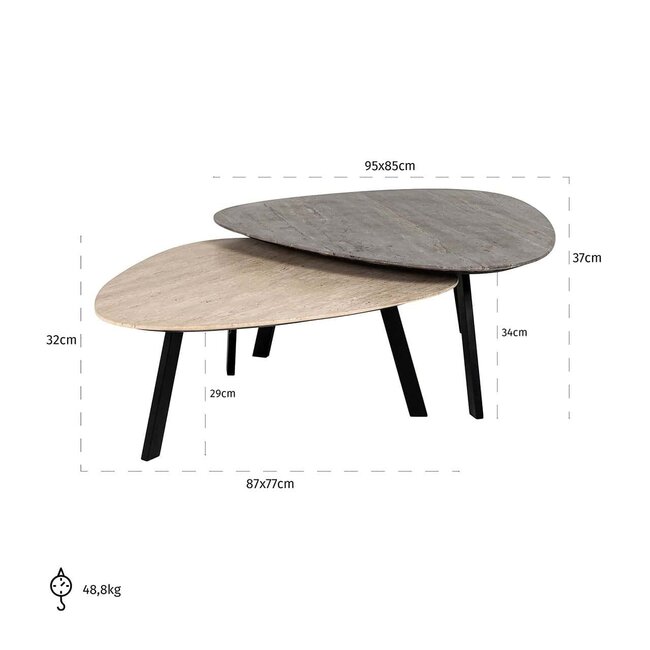 Richmond Interiors  Salontafel Spencer set van 2 travertine Beige grijs