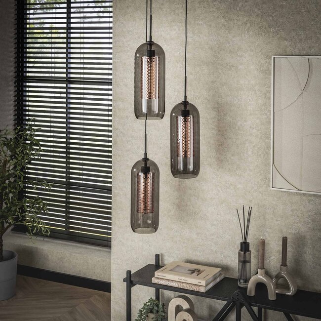 WoonStijl Hanglamp 3L getrapt smoke glas-geperforeerd staal