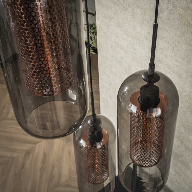 WoonStijl Hanglamp 3L getrapt smoke glas-geperforeerd staal
