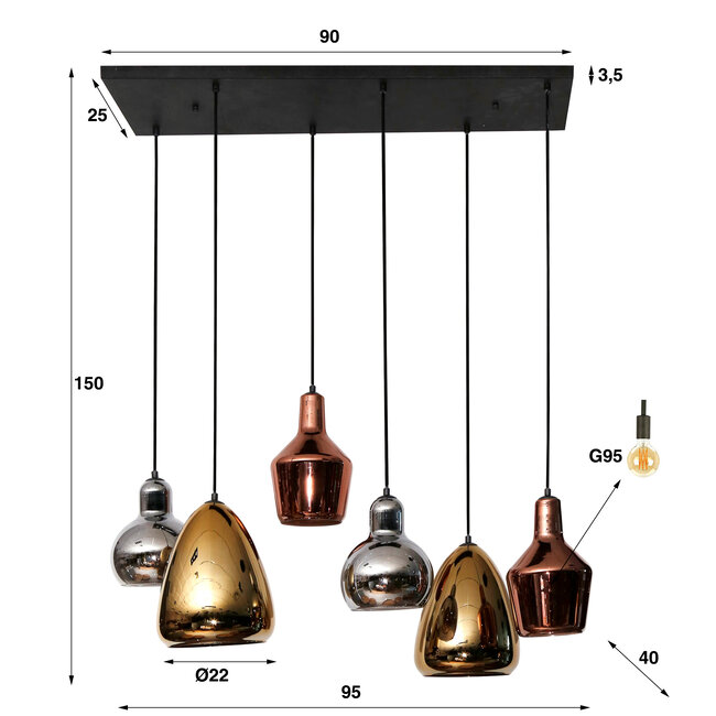 WoonStijl Hanglamp 3+3 mix glass tricolore