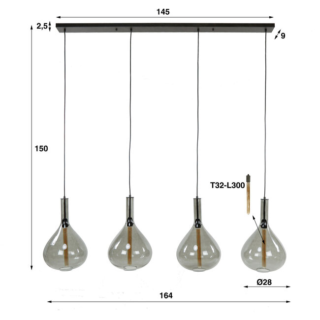WoonStijl Hanglamp Drop smoke glass met 4 lampen