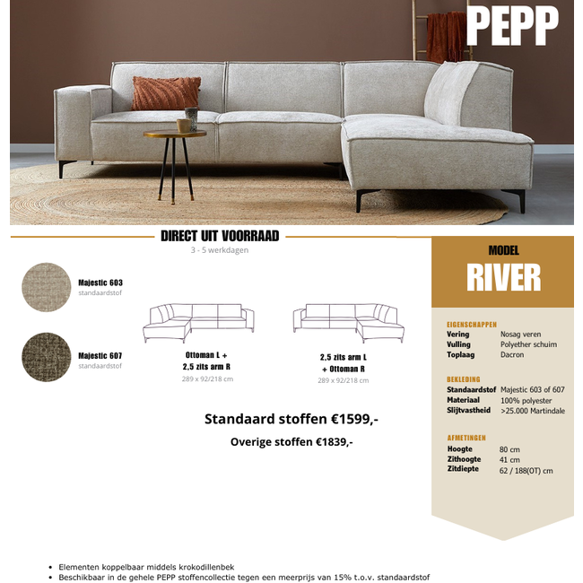 Pepp Interiors Hoekbank River - Ottoman links - Majestic 607