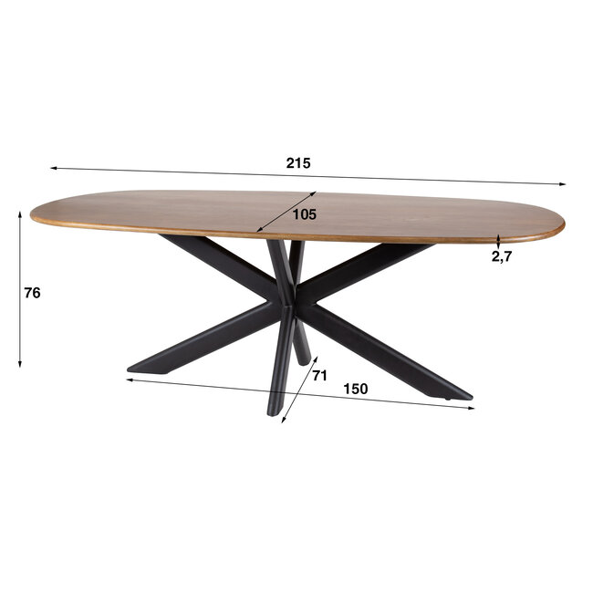 WoonStijl Eetkamertafel 215 Cliff ovale buis mango