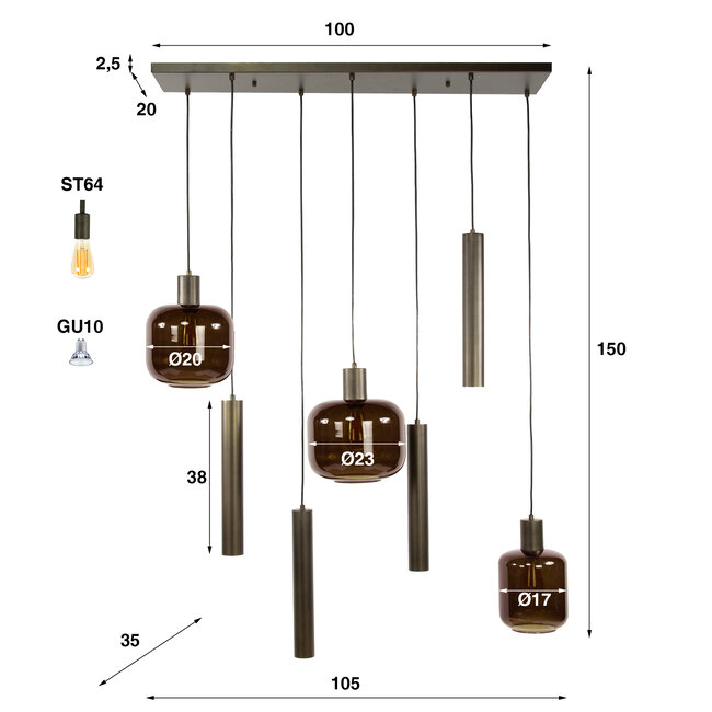 WoonStijl Hanglamp 4+3L mix Bronza
