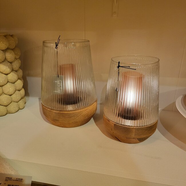 Light en Living Windlicht Ø18X26 Cm MINAS glas Rib helder+hout Natural