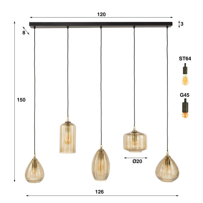 WoonStijl Hanglamp 5L Stripe glas horizontaal