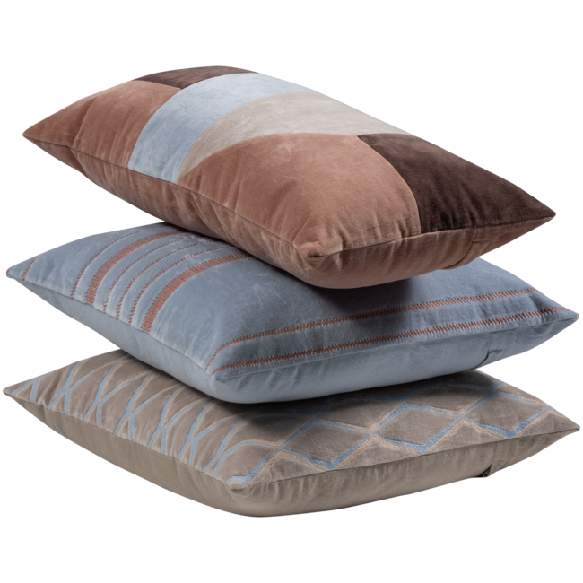 Woood Laon kussens velvet naturel/blauw - set van 3