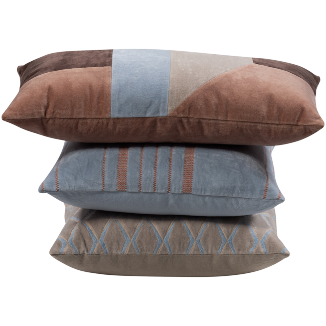 Woood Laon kussens velvet naturel/blauw - set van 3