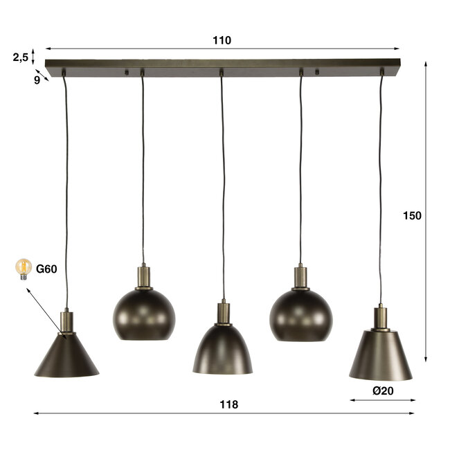 WoonStijl Hanglamp 5L Metallo mix Sienna bruin