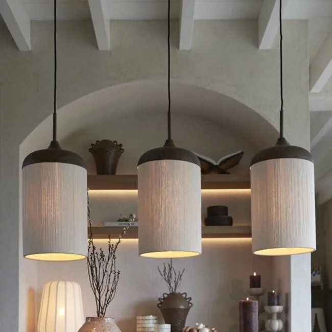 Light en Living Hanglamp 3L 90x22x32 cm DANIA hout print d bruin+touw crème