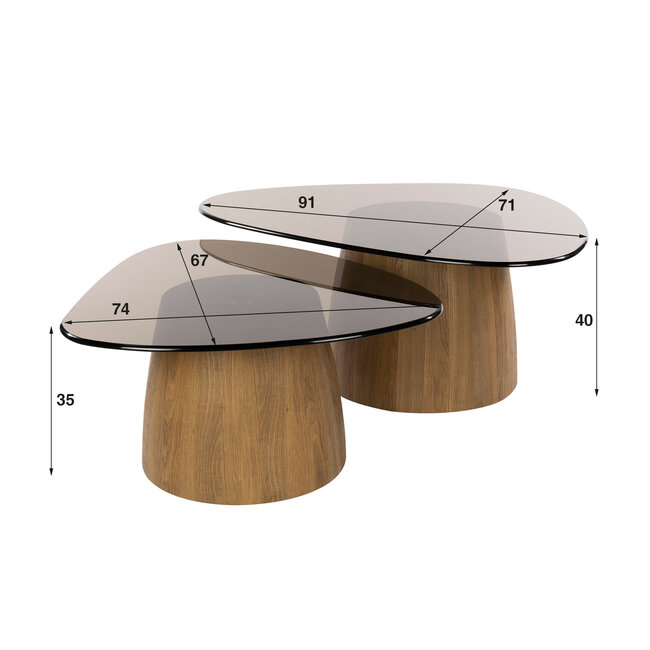 WoonStijl Salontafel Tinto driehoekig set set van 2 salontafels met brons glas
