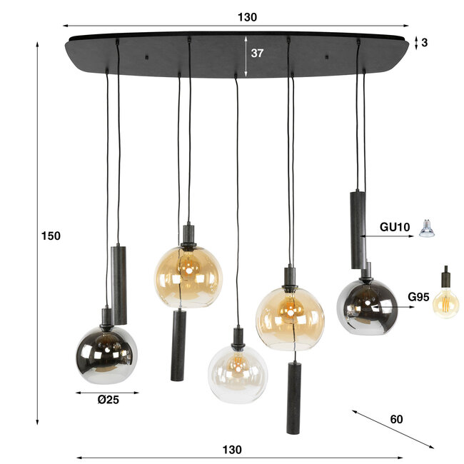 WoonStijl Hanglamp Sfera Tricolore 5+4-lichts