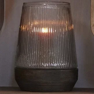 Light en Living Windlicht Ø18X26 Cm MINAS glas Rib helder+hout donkerbruin