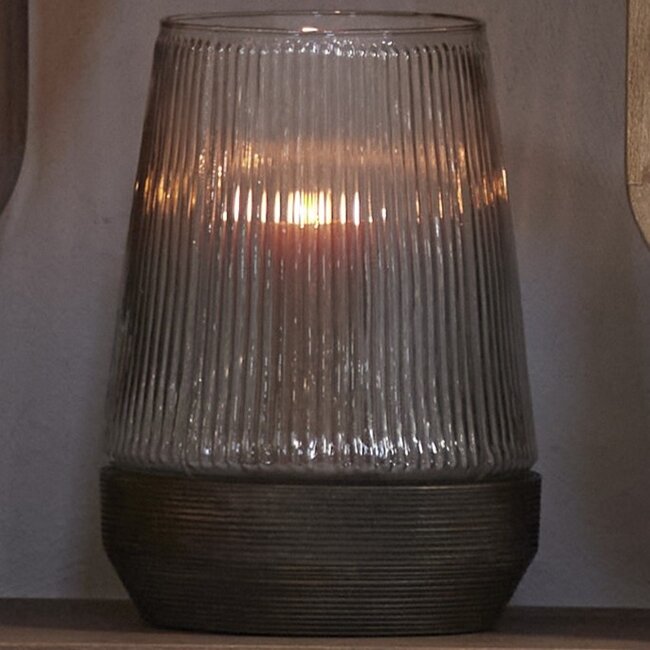Light en Living Windlicht Ø18X26 Cm MINAS glas Rib helder+hout donkerbruin