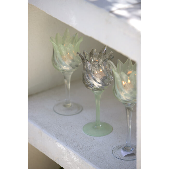 Light en Living Theelicht op voet Ø9,5x24 cm FLORA glas helder+mt mint groen