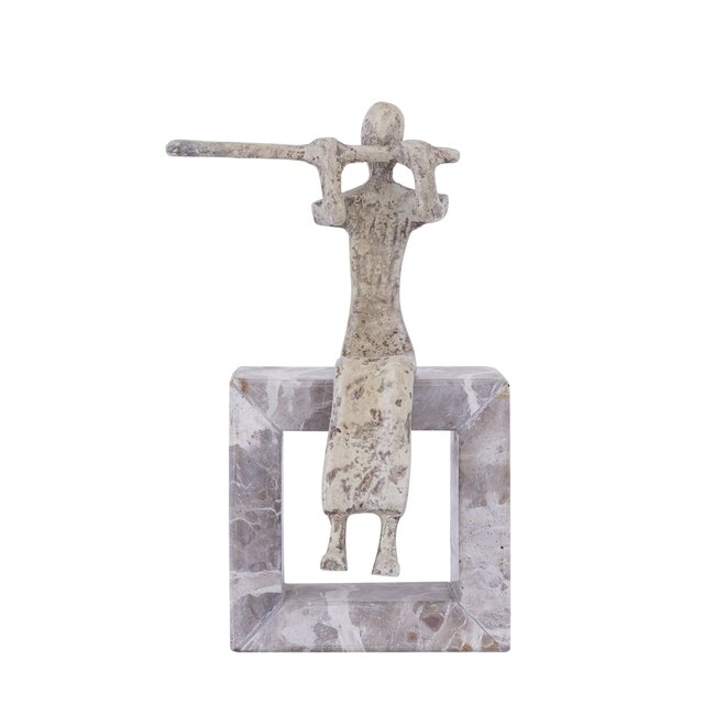 PTMD Ornament Aleria Beige dame met fluit op marmeren voetstuk