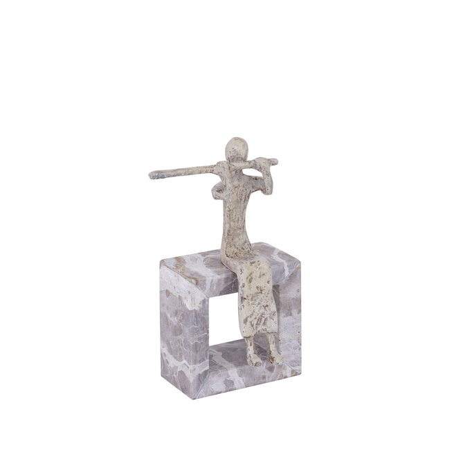 PTMD Ornament Aleria Beige dame met fluit op marmeren voetstuk