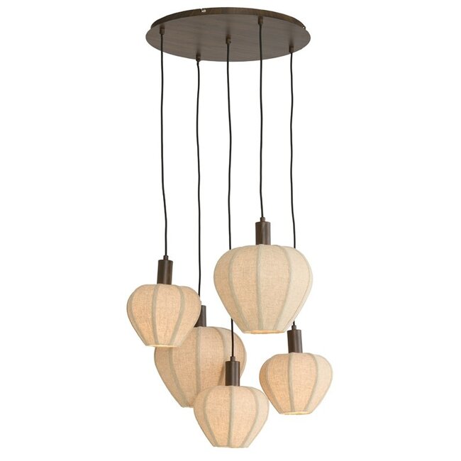 Light en Living Hanglamp 5L Ø76x140 cm HUXI houtprint donkerbruin + linnen crème