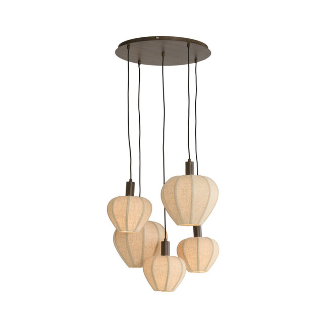 Light en Living Hanglamp 5L Ø76x140 cm HUXI houtprint donkerbruin + linnen crème
