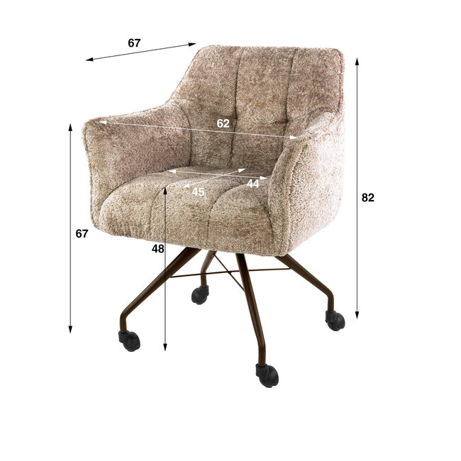 WoonStijl Armstoel Raster wieltjes Alura Zand met bruin frame