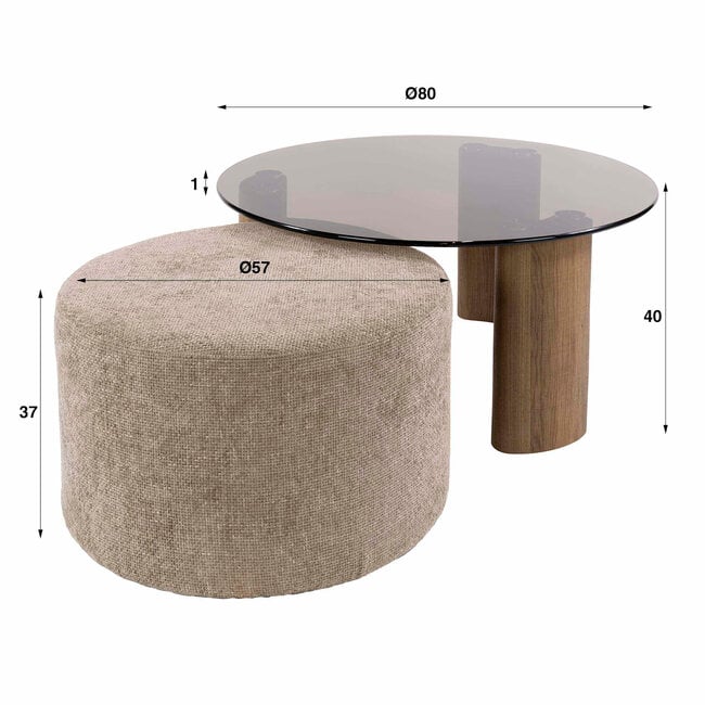 WoonStijl Salontafel Tinto poef set van 2 Brons glas