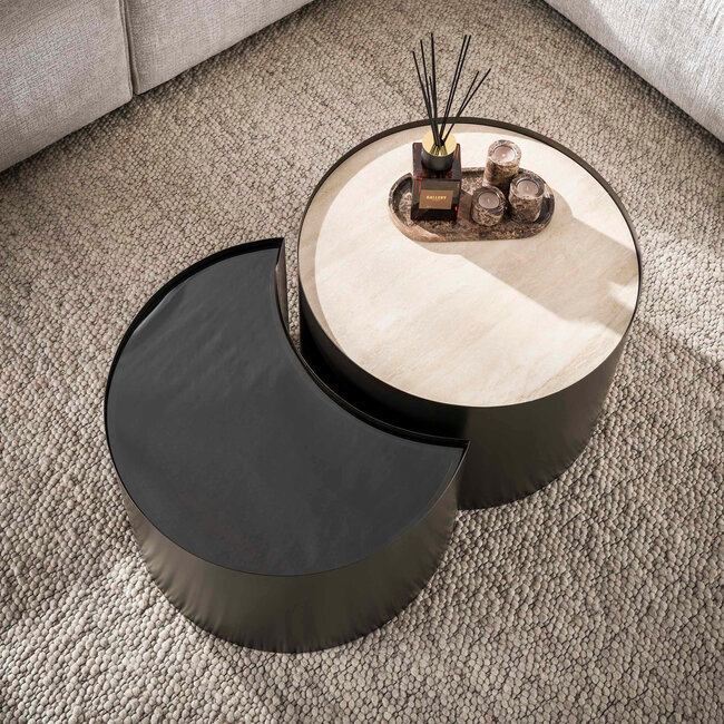 WoonStijl Salontafel Metal half moon set van 2 keramiek travertin