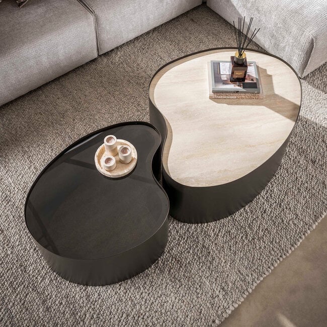 WoonStijl Salontafel Metal organisch set van 2  keramiek travertin
