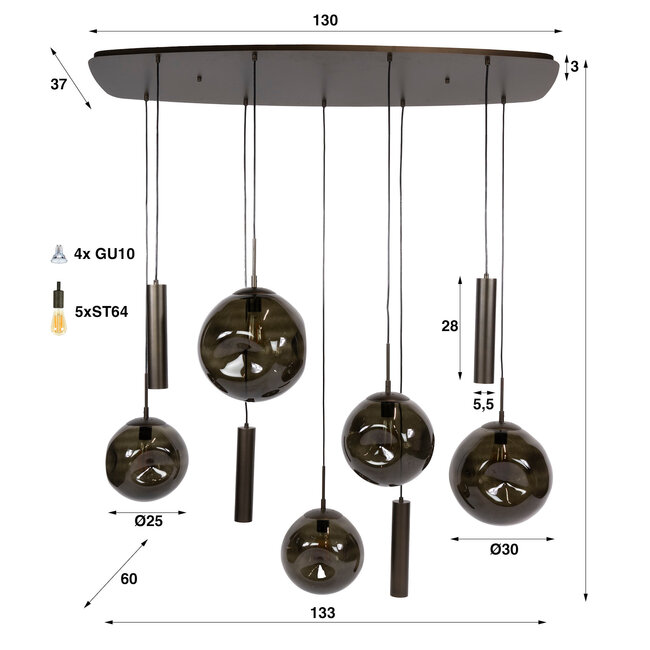 WoonStijl Hanglamp Stellar pendel 5+4-lichts Sienna bruin