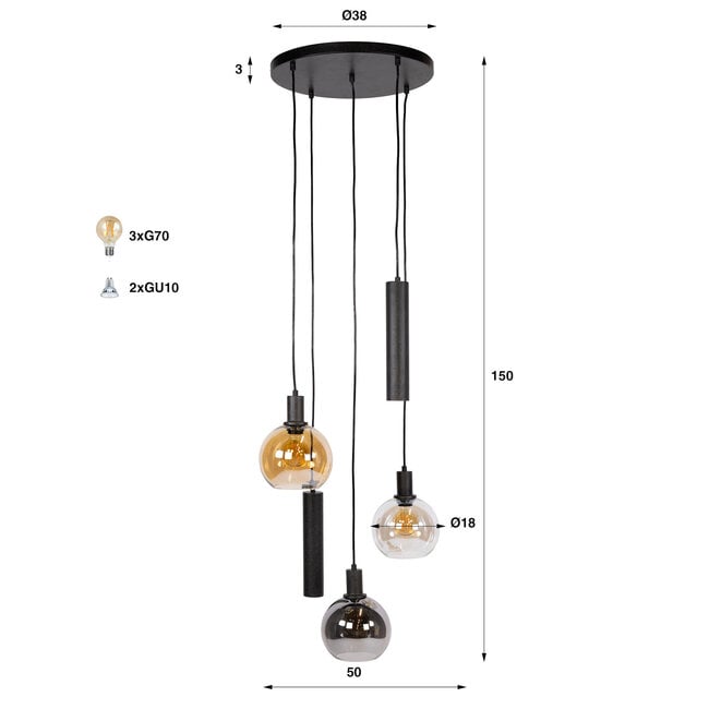 WoonStijl Hanglamp Sfera Tricolore getrapt 5-lichts Artic zwart
