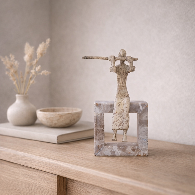 PTMD Ornament Aleria Beige dame met fluit op marmeren voetstuk