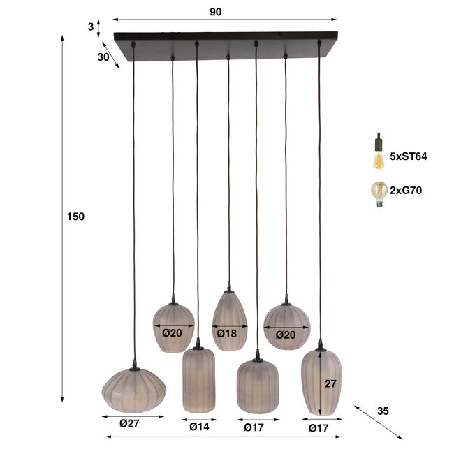 WoonStijl Hanglamp Altura 4+3-lichts Sienna bruin-frosted