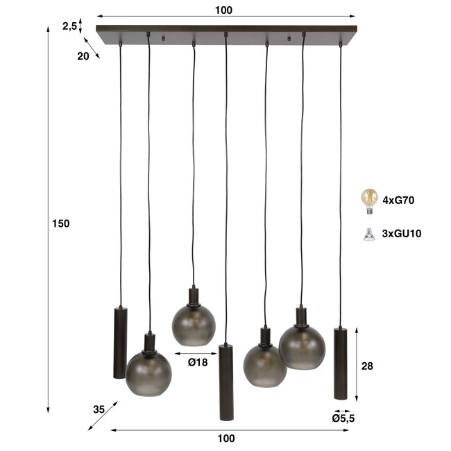 WoonStijl Hanglamp 4+3L Sfera tricolore Sienna bruin frosted