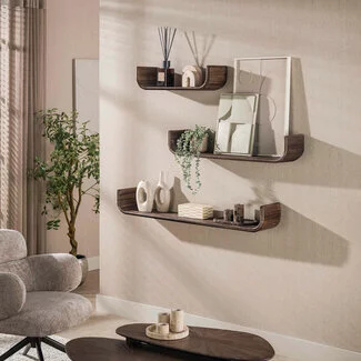 WoonStijl Wandplank Maya U-shape set van 3 teak espresso