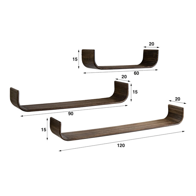 WoonStijl Wandplank Maya U-shape set van 3 teak espresso