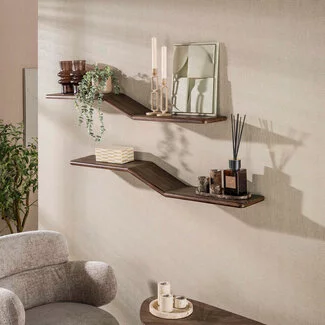 WoonStijl Wandplank Maya S-shape set van 2 teak espresso