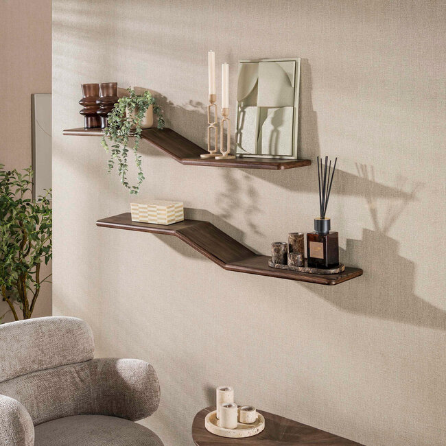 WoonStijl Wandplank Maya S-shape set van 2 teak espresso