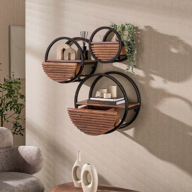 WoonStijl Wandschap Circular 1 lade Ø30cm Acacia bruin - Wandrek met lade