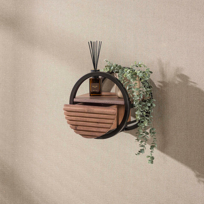 WoonStijl Wandschap Circular 1 lade Ø30cm Acacia bruin - Wandrek met lade