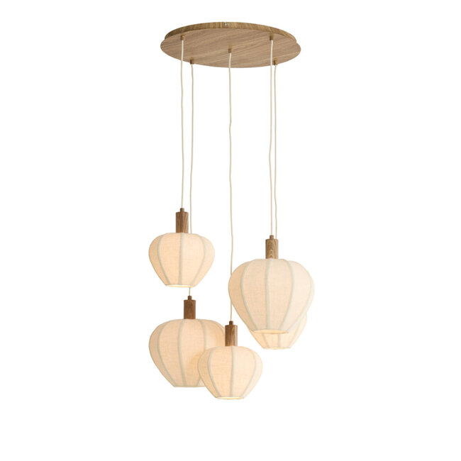 Light en Living Hanglamp 5L Ø76x140 cm HUXI naturel houtprint + linnen crème