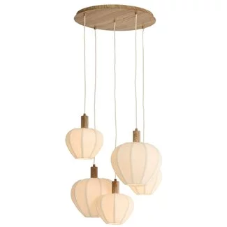 Light en Living Hanglamp 5L Ø76x140 cm HUXI naturel houtprint + linnen crème