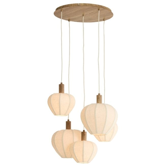 Light en Living Hanglamp 5L Ø76x140 cm HUXI naturel houtprint + linnen crème