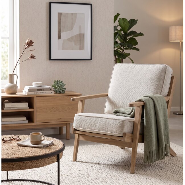 WoonMax Fauteuil Osaka met houten armleuning - naturel