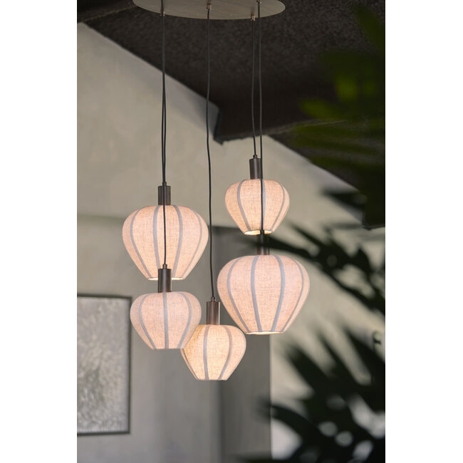 Light en Living Hanglamp 5L Ø76x140 cm HUXI houtprint donkerbruin + linnen crème