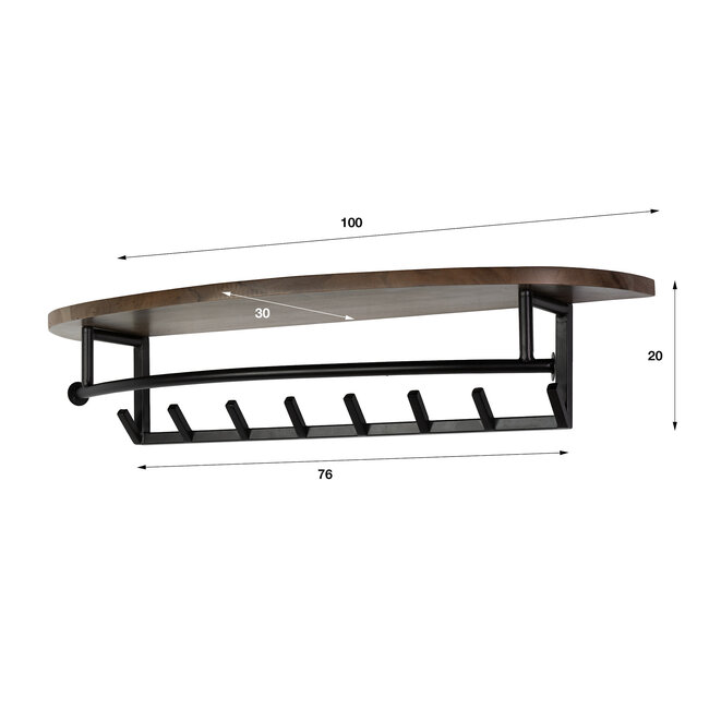 WoonStijl Kapstok Round roede en hoedenplank 8 haken acacia bruin