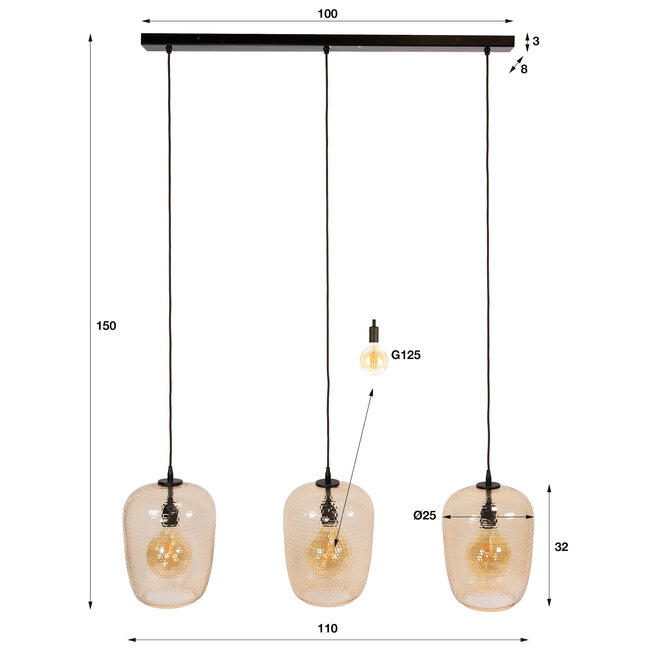 WoonStijl Hanglamp Python 3-lichts Amber glas