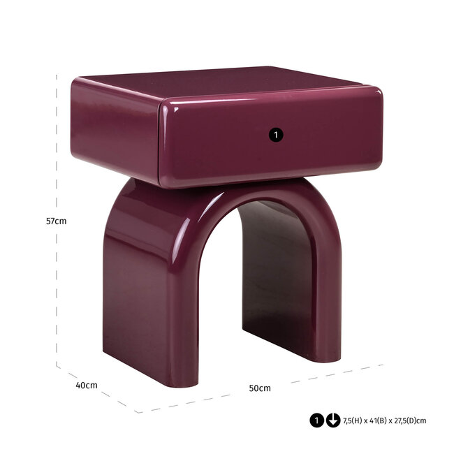 Richmond Interiors  Nachtkastje Bennet burgundy 1 Lade