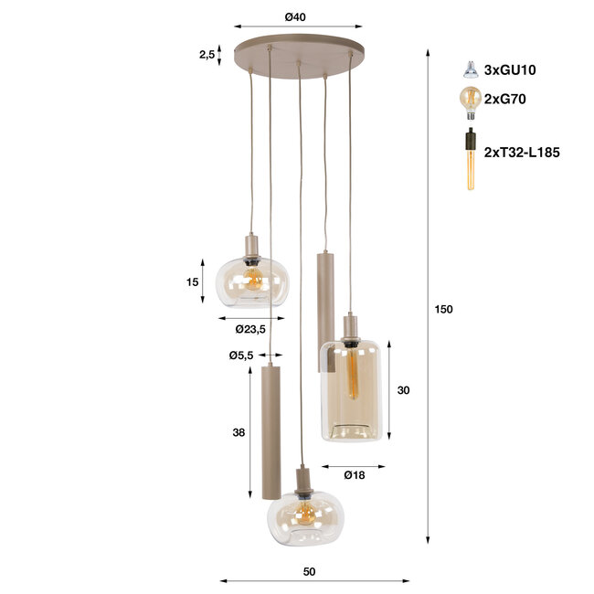WoonStijl Hanglamp Serene getrapt 5-lichts beige