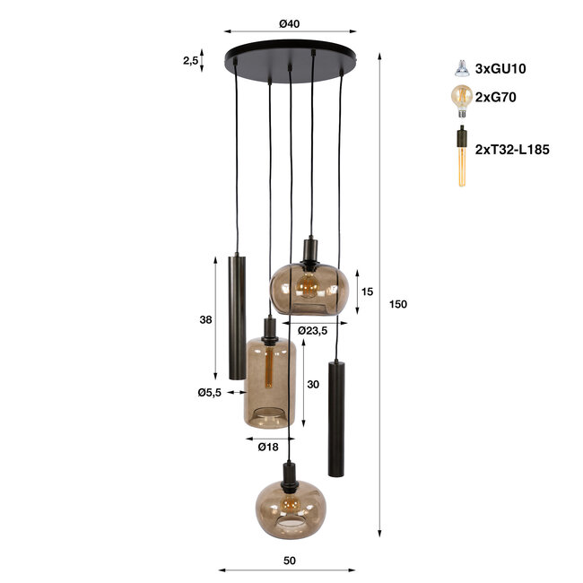 WoonStijl Hanglamp Serene getrapt 5-lichts Sienna bruin