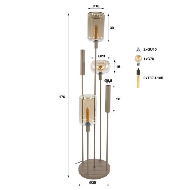 WoonStijl Vloerlamp Serene switch getrapt 2+3-lichts Beige